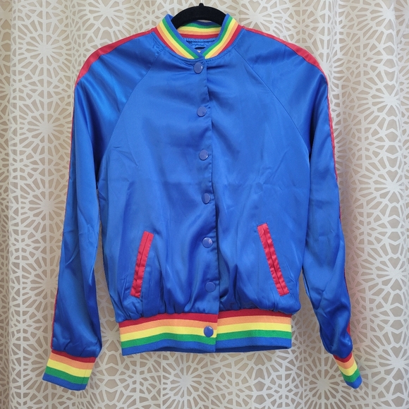 Unique Vintage X Rainbow Brite Royal Blue Satin Bomber Jacket NWT Size XS - Picture 4 of 12